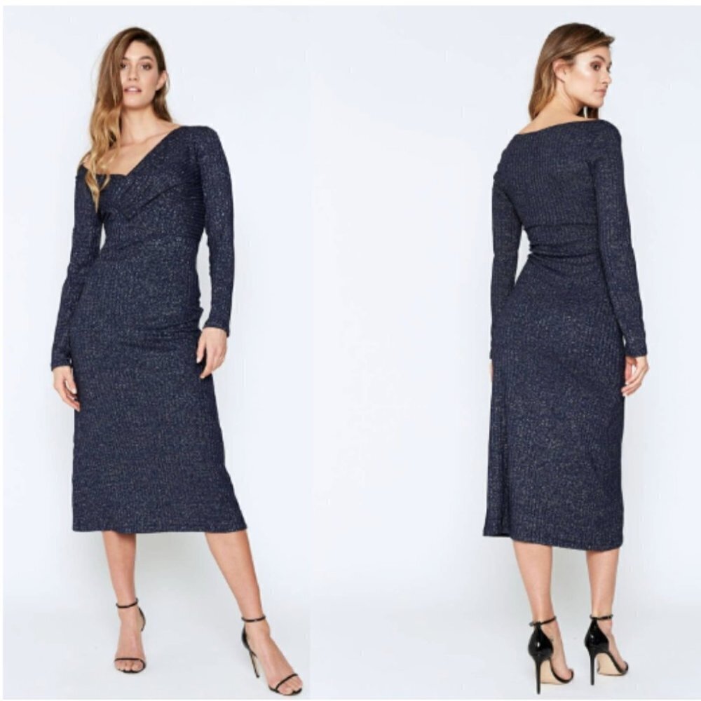 Bardot Lurex Rib Midi Dress in Navy Lurex Metallic Sparkle Womens size Small NWT
